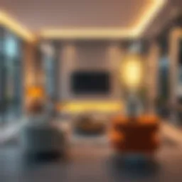 An LED bulb casting bright light in a modern living room setting