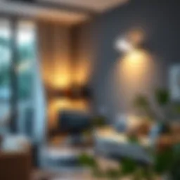 Elegant design of a battery-powered stick-on wall light illuminating a cozy living room