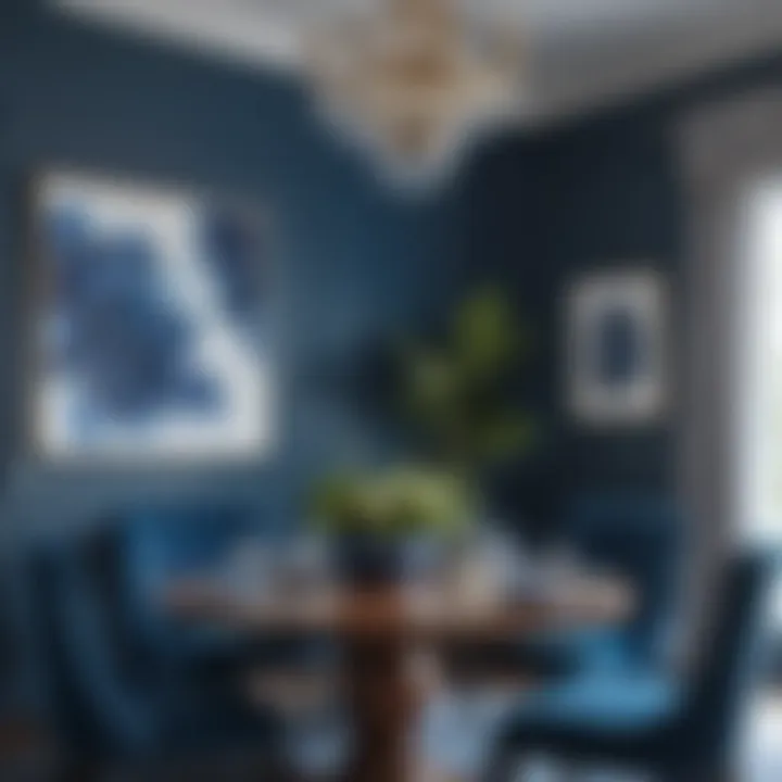 An elegant dining area adorned with blue-themed three-piece wall art