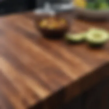 A beautifully arranged butcher block made of walnut, highlighting its rich, dark hues.