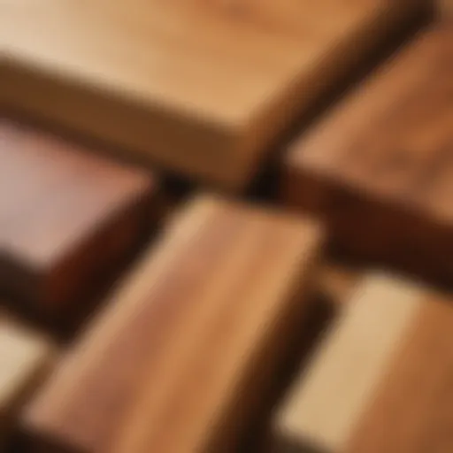 A close-up view of various butcher block wood types showcasing their distinct grains and colors.