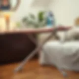 Detailed view of an ironing board showcasing its sturdy design