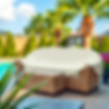 A stylish patio couch adorned with a protective cover