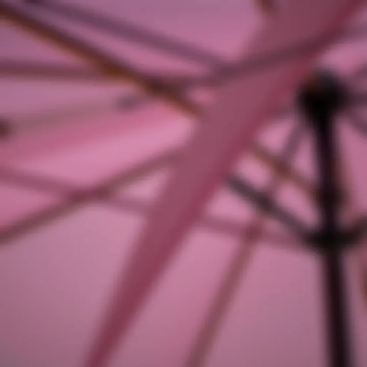 Close-up view of patio umbrella fabric and frame