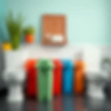Colorful Bathroom Arrangement Colorful plastic trash cans arranged in a bathroom setting