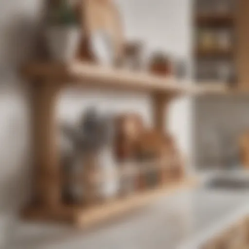 Elegant wooden kitchen shelf organizer showcasing various kitchen items