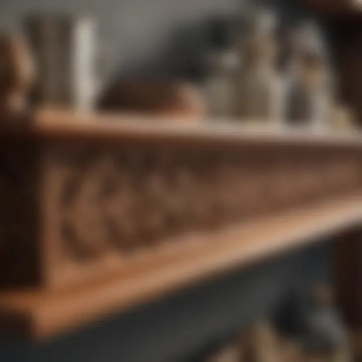 Close-up of handcrafted wooden shelf with intricate design