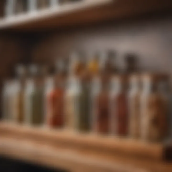 Stylish arrangement of spices and jars on a wooden shelf