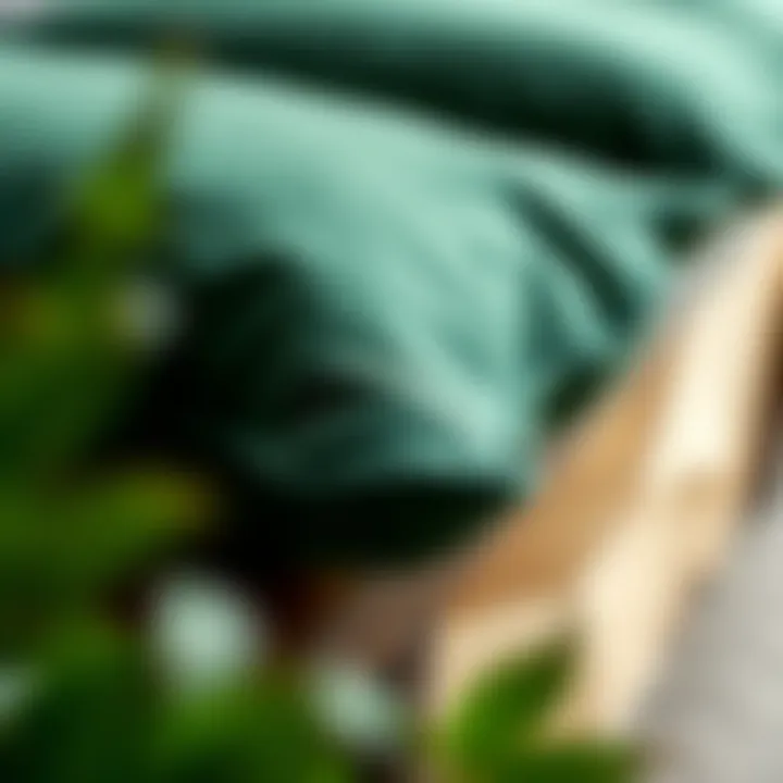 Close-up of textured fabric on dark green bench cushion