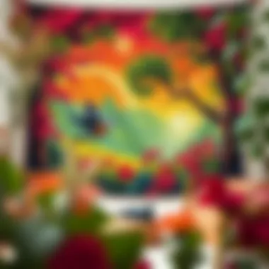 Richly colored wall tapestry depicting nature scenes