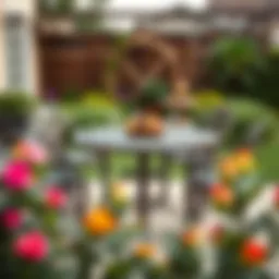 Elegant bronze aluminum patio table in a garden setting