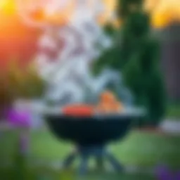 A beautifully designed charcoal barbecue pit with smoke wafting in the air