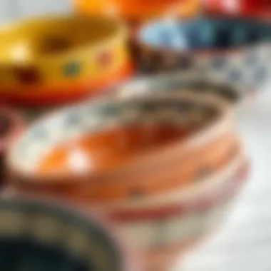 A close-up of handcrafted ceramic dish bowls displaying intricate patterns