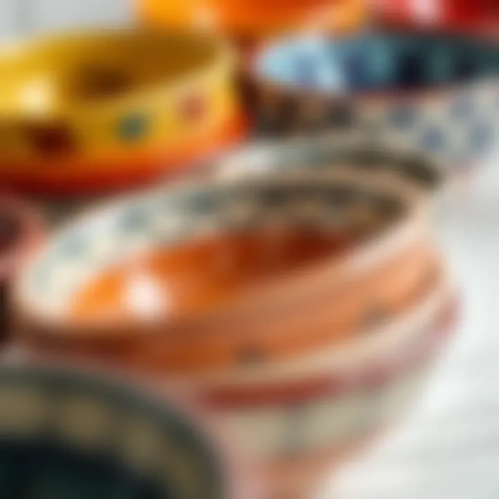 A close-up of handcrafted ceramic dish bowls displaying intricate patterns