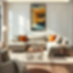 Elegant living room featuring a stylish 84 inch couch with chaise