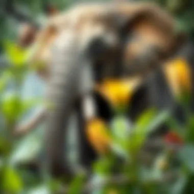 A serene elephant mural blending with natural elements