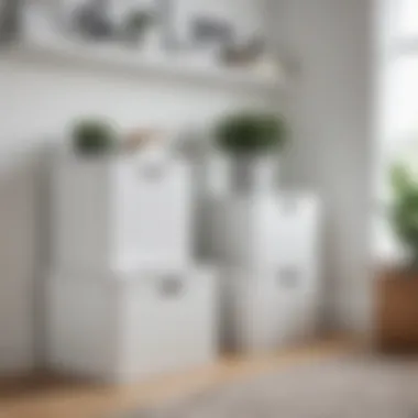 Minimalist white storage bins displayed on a shelf