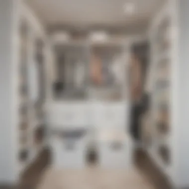 White storage bins arranged in an organized closet