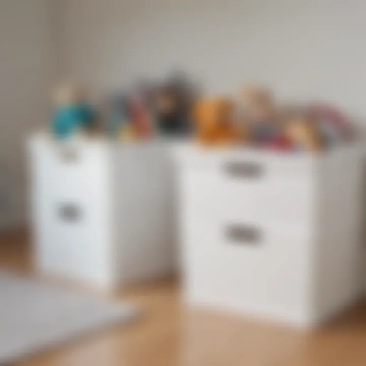 White storage bins with handles used for children's toy organization