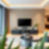 Sleek glass TV unit in a contemporary living room