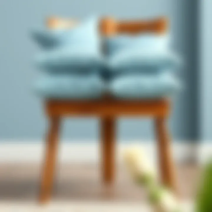Artful Arrangement of Light Blue Cushions on Rustic Chair Artful arrangement of light blue cushions on a rustic dining chair