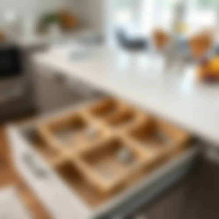 Modern kitchen with organized drawers featuring narrow utensil trays