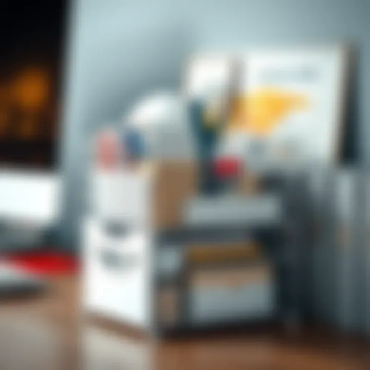 A 4-drawer wire organizer filled with office supplies