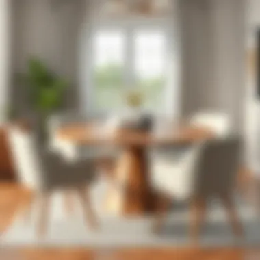 Stylish round wood table paired with contemporary seating