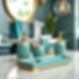 Elegant teal bathroom accessories arranged on a countertop
