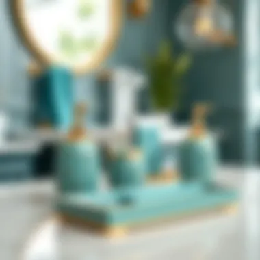 Elegant teal bathroom accessories arranged on a countertop
