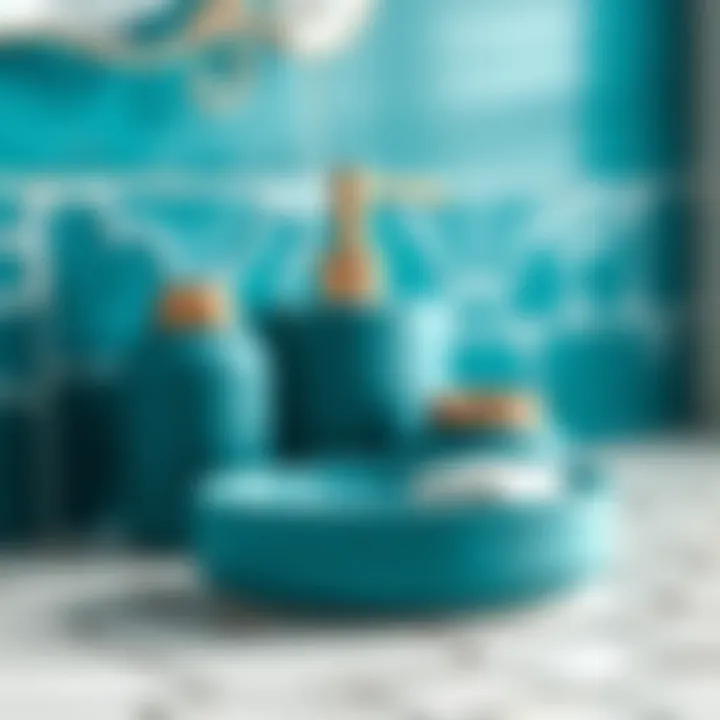 Close-up of teal bathroom accessories showcasing texture and design