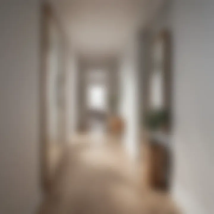 Stylish long wood mirror in a minimalist hallway