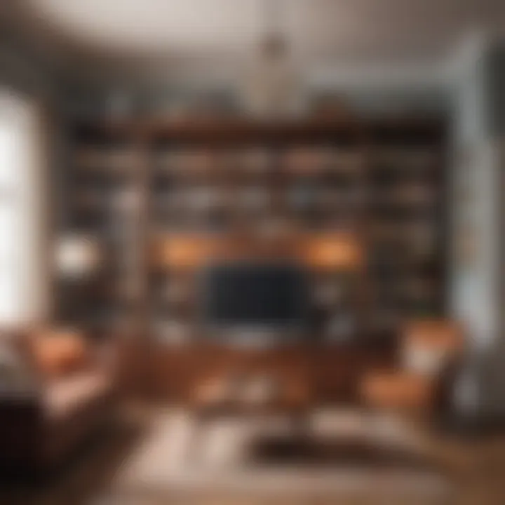 Vintage-inspired entertainment center filled with books and decor