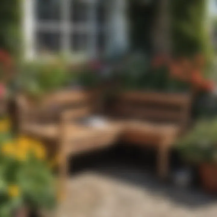 Rustic wooden corner bench surrounded by blooming flowers