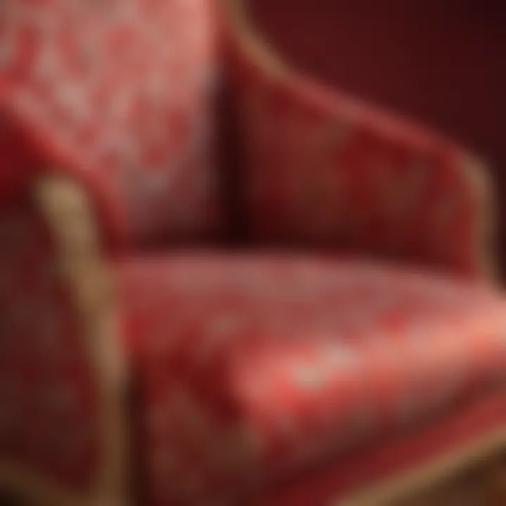 Close-up of the intricate patterns on a red print chair