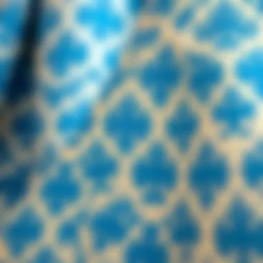 Close-Up of Luxurious Blue Patterned Fabric Close-up view of luxurious fabric showcasing intricate blue patterns.