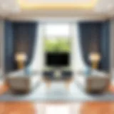 Elegant living room featuring blue patterned curtains that enhance the space.