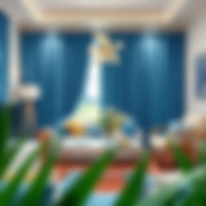 Stylish Living Space with Harmonizing Blue Curtains Stylish living space with blue curtains harmonizing with decor elements.