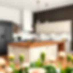 An elegant kitchen featuring a large butcher block countertop as the centerpiece