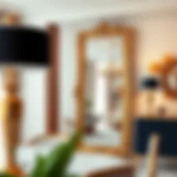 Elegant gold full length mirror reflecting a stylish interior