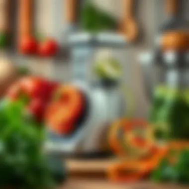 Vegetable Transformation with Spiralizer Fresh vegetables transformed into spiral shapes using a stainless steel spiralizer