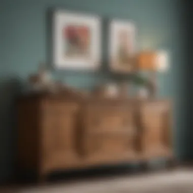 Elegant Wooden Buffet Cabinet Styling A beautifully styled wooden buffet cabinet with decorative items and tableware.