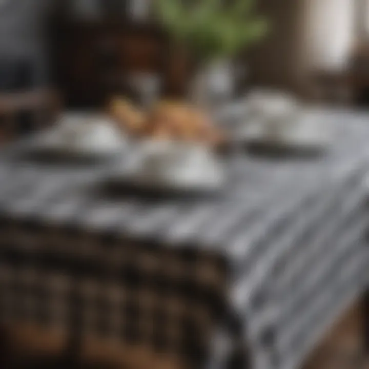 Elegant black and white checkered tablecloth on a rustic wooden table