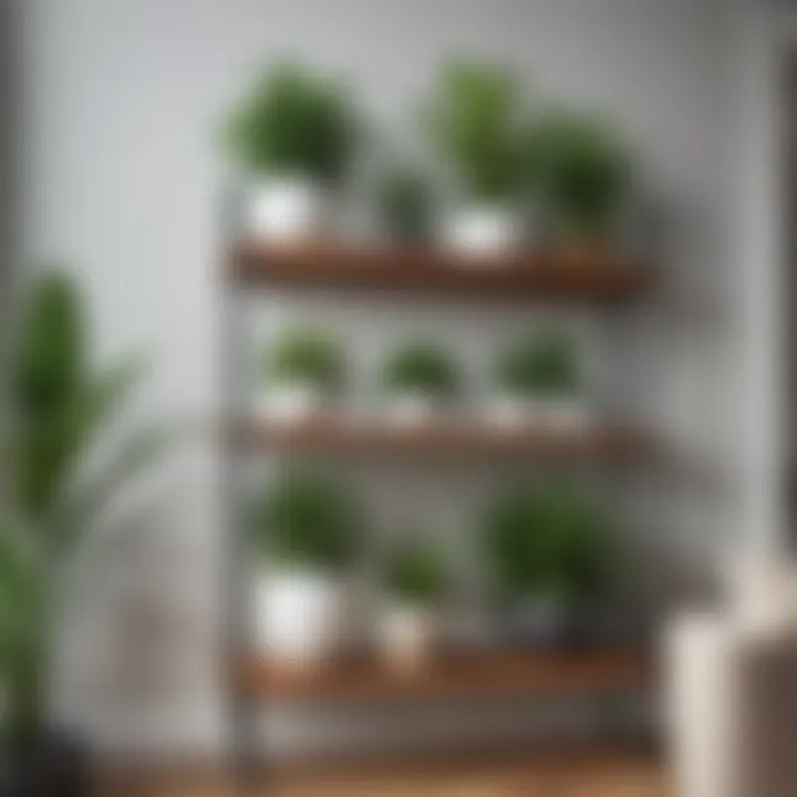 Elegant wooden shelves displaying a variety of plants in a modern living room