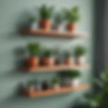 Stylish wooden shelf design showcasing an array of potted plants and decorative items