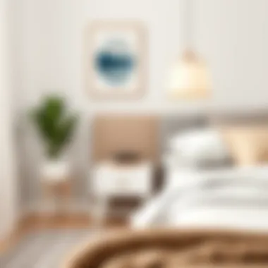 Cozy Bedroom with Functional Side Table Cozy bedroom setting featuring a small white side table beside a bed