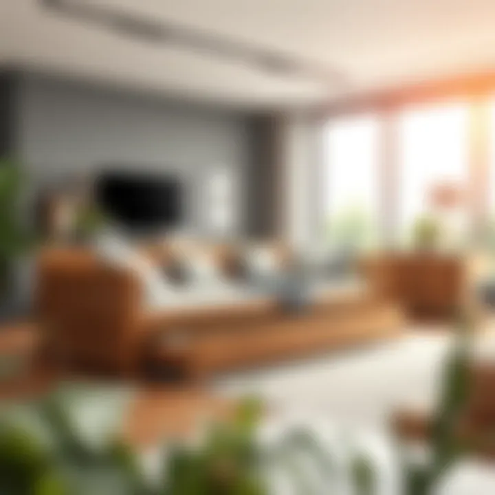 Spacious living area showcasing a wooden daybed with integrated storage