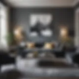 Elegant pairing of a patterned rug with a dark grey couch in a modern living room setting