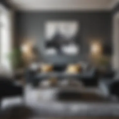 Elegant Pairing in Modern Living Room Elegant pairing of a patterned rug with a dark grey couch in a modern living room setting