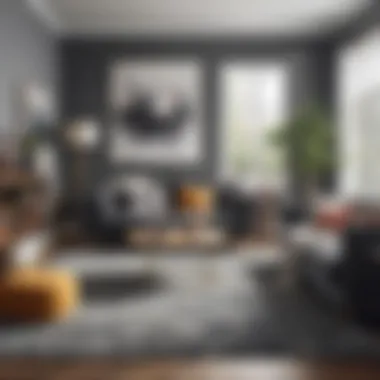 Serene Interior with Color Harmony A serene interior featuring a dark grey couch with a contrasting light-colored rug, showcasing color harmony
